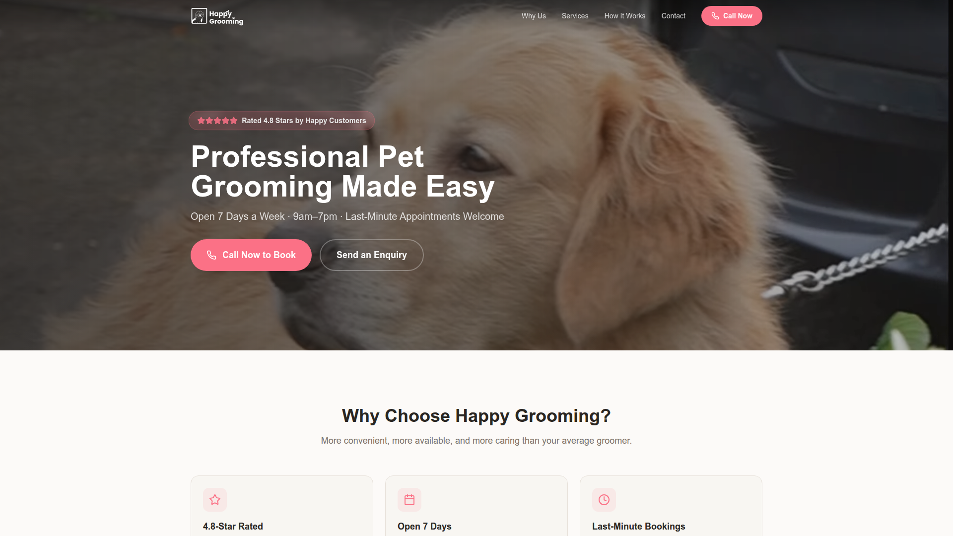 happygrooming.co.uk - website design by Daniel Wright Custom responsive website design portfolio by Daniel Wright - happygrooming.co.uk - Professional pet grooming service with booking integration